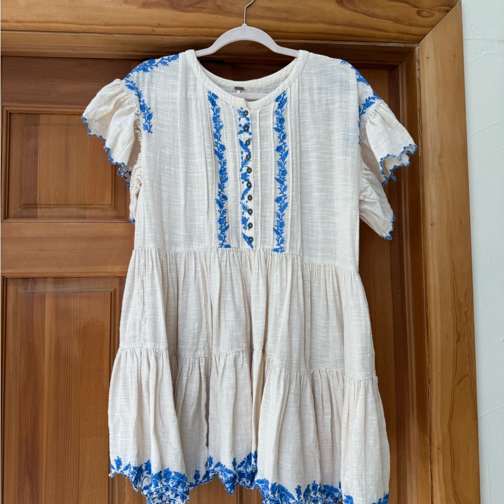 Free People Embroidered Cream and Blue Dress